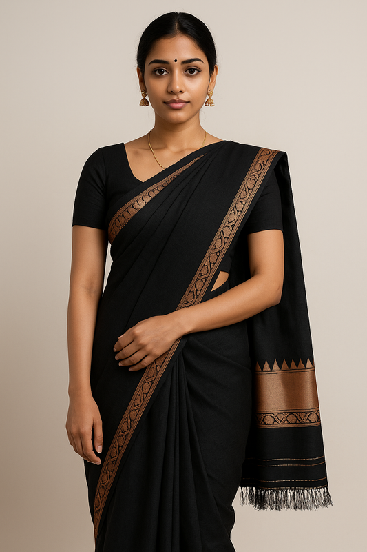 House of Sisuu Black Kota Doria Saree with Copper Zari Border