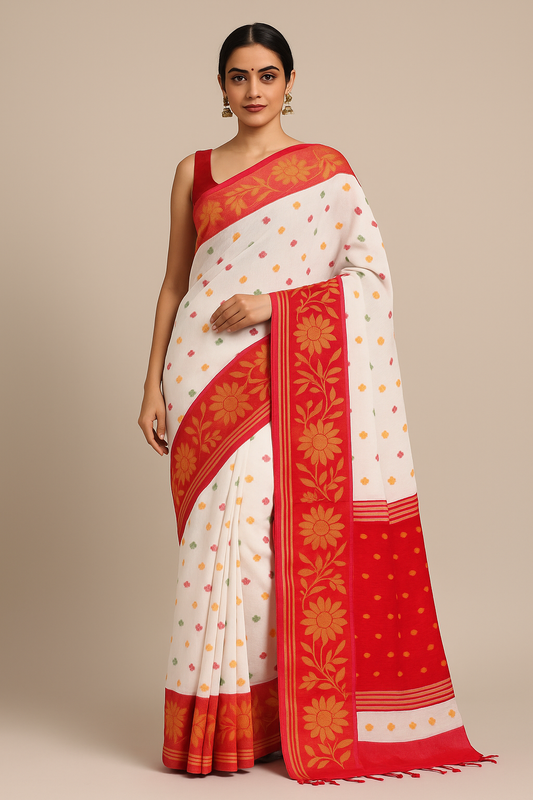 House of Sisuu White & Red Bengali Cotton Saree with Zari Work and Floral Border