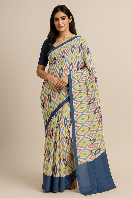 House of Sisuu Blue Ikat Print Paper Silk Matchbox Saree