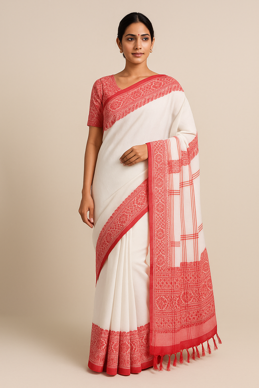 House of Sisuu Traditional Assamese White & Red Handwoven Floral Border Saree