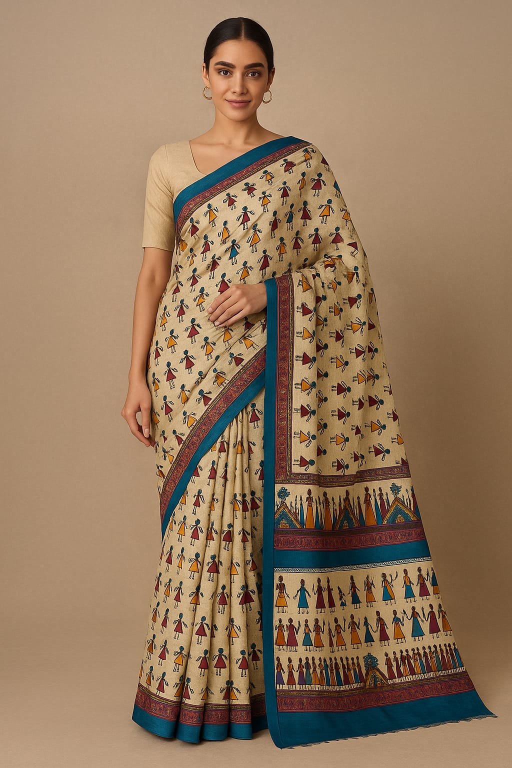 House of Sisuu Beige Warli Print Paper Silk Matchbox Saree