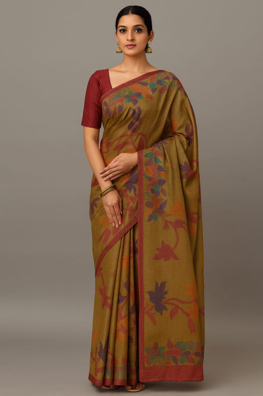 House of Sisuu Mustard Rajshahi Silk Saree with Multicolor Floral Weave
