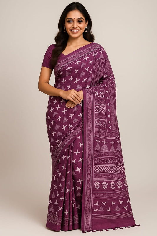 House of Sisuu Purple Ghicha Silk Saree with White Printed Motifs