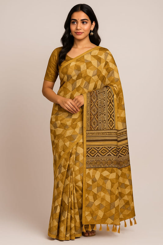 House of Sisuu Mustard Ghicha Silk Saree with Geometric Print and Tribal Pallu
