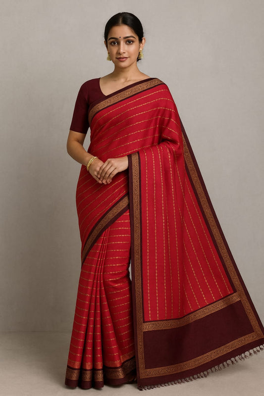 House of Sisuu Red Semi Mysore Silk Saree with Golden Stripes & Maroon Border