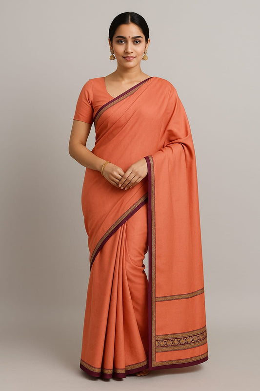 House of Sisuu Orange Semi Mysore Silk Saree with Maroon Zari Border