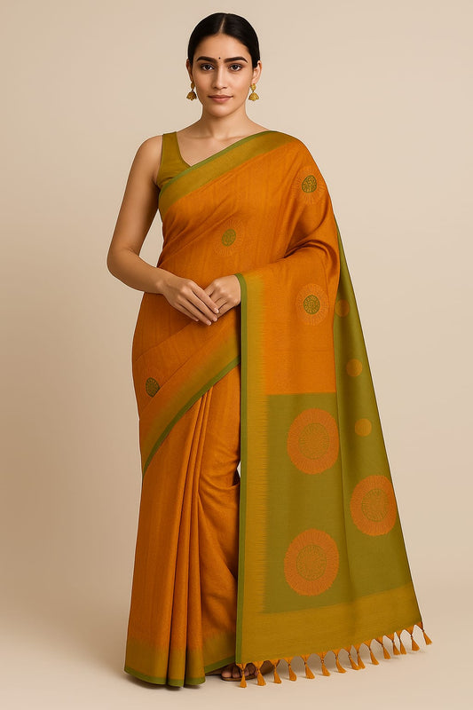 House of Sisuu Mustard & Olive Semi Kanchipuram Silk Saree with Circular Motifs