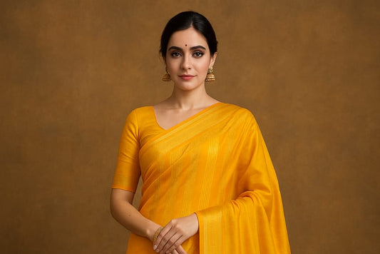 House of Sisuu Mustard Yellow Semi Mysore Silk Saree with Subtle Zari Stripes