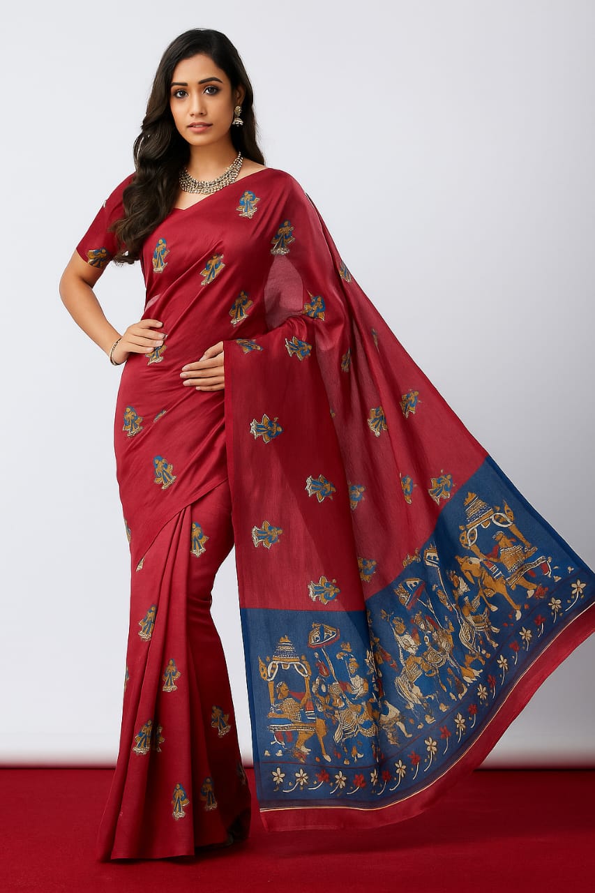 House of Sisuu Maroon Paper Silk Matchbox Saree with Mythical Motif Pallu