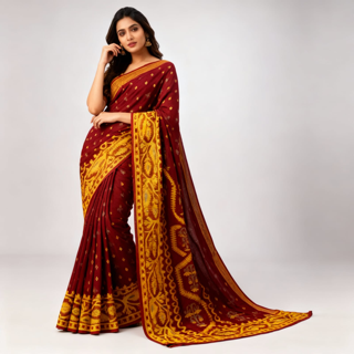 House of Sisuu Maroon & Mustard Soft Jamdani Saree – Handwoven Elegance with Ornamental Borders