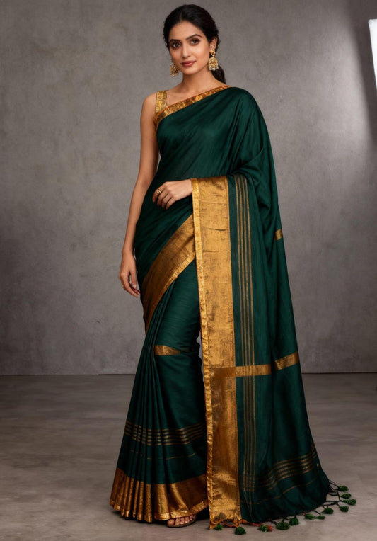 House of Sisuu Elegant Khadi Slub Handloom Saree – Soft, Lightweight & Breathable in Bottle Green