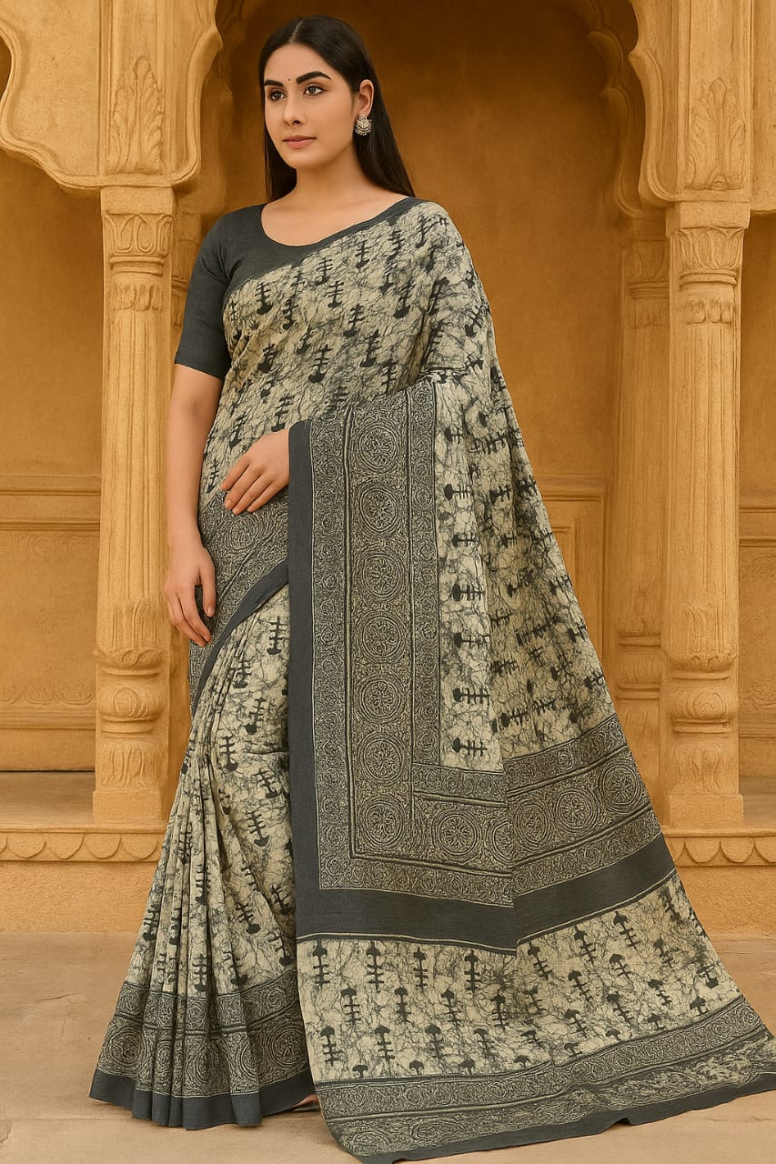 House of Sisuu Elegant Ghicha Silk Saree – Grey with Black Tribal Print