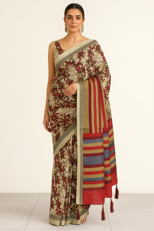House of Sisuu Elegant Ghicha Silk Saree – Beige Floral Print with Multicolor Striped Pallu