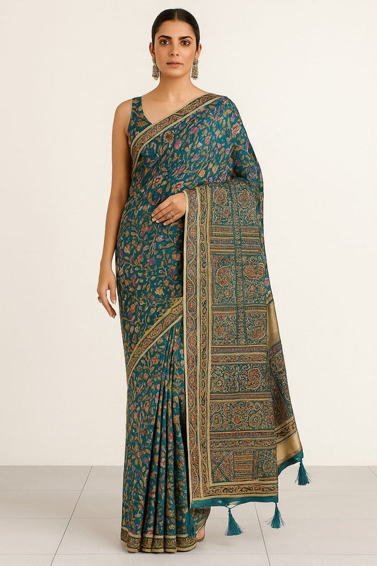 House of Sisuu Elegant Ghicha Silk Saree – Teal with Multicolor Floral Print & Traditional Border