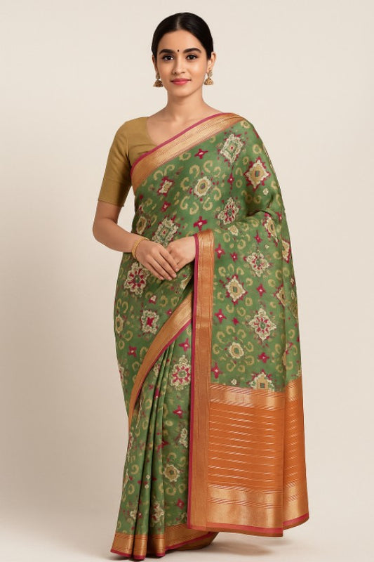 House of Sisuu Green Pochampally Silk Saree with Copper Zari Border