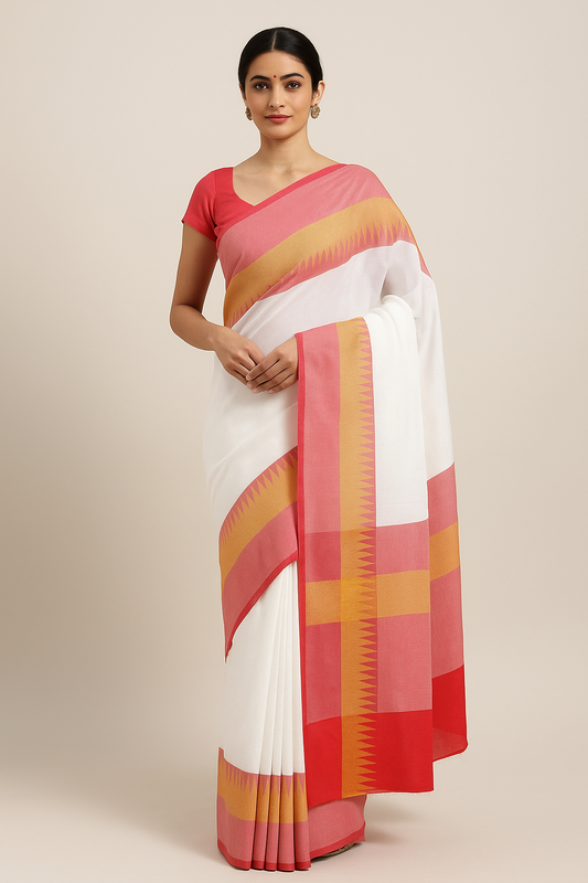 House of Sisuu White & Red Soft Cotton Saree with Golden Border – Lightweight Traditional Saree