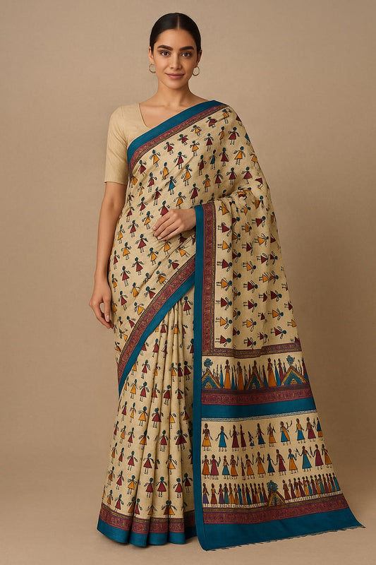 House of Sisuu Beige Warli Print Paper Silk Matchbox Saree